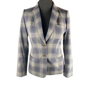 Tommy Hilfiger plaid blue gray patch sleeve tartan 2 button blazer fitted 8